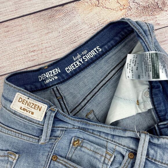 Levi's Denizen Light Wash Distressed High-Rise Cheeky Shorts - Picture 3 of 3